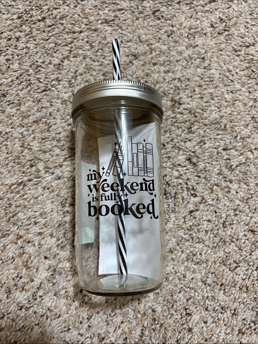 My Weekend is Booked” Glass Tumbler with Lid & Straw – Brand New